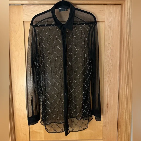 ASOS Black Sheer Beaded Button-Up Shirt - Picture 1 of 4